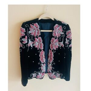 Black Velvet Embroidered Black Jacket with Pink Floral Design | Womens size S